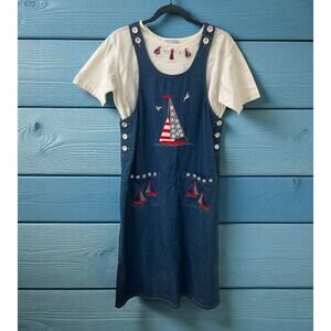 Vintage Casey Coleman Denim jumper Dress -Size M- Nautical Lighthouses sailboats